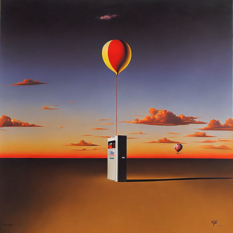 Surreal painting of gas pump and balloons in desert sunset