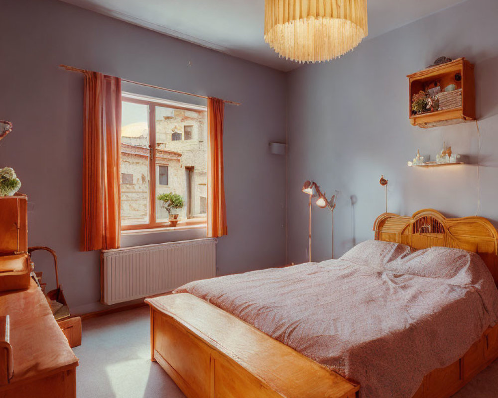 Wooden Bed with Beige Bedding & Burnt-Orange Curtains in Cozy Bedroom