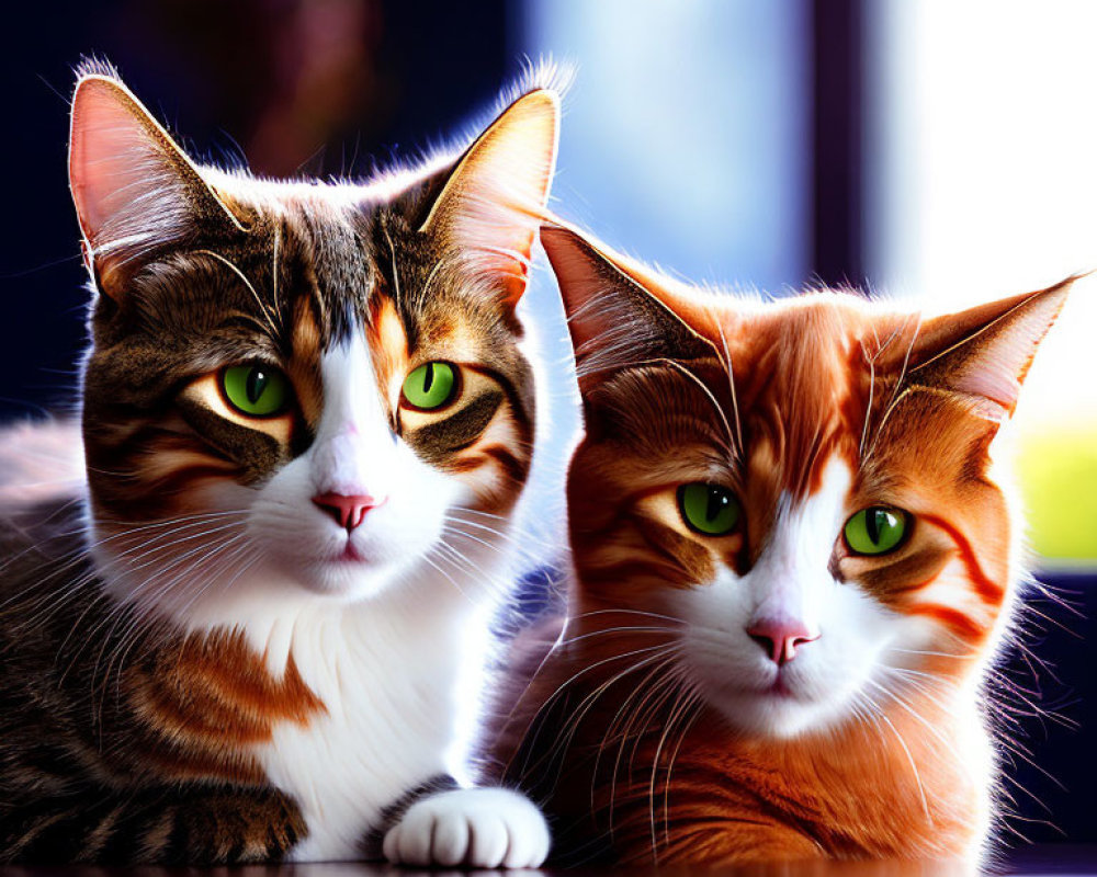 Two domestic cats with green eyes, one calico and one ginger, sitting together in soft backlight.