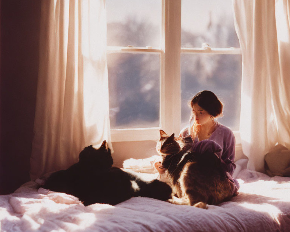 Girl on Bed with Two Cats in Sunlight from Window