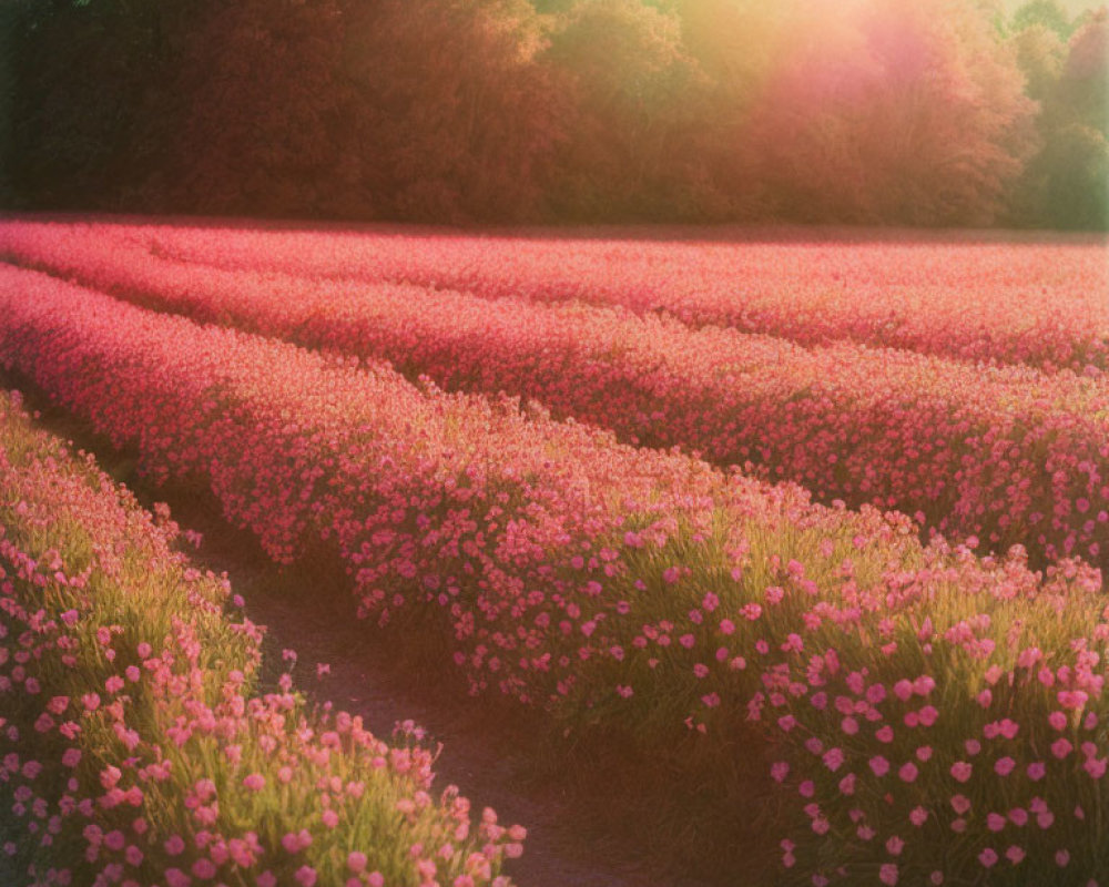 Field of Vibrant Pink Flowers Under Warm Sunset Glow