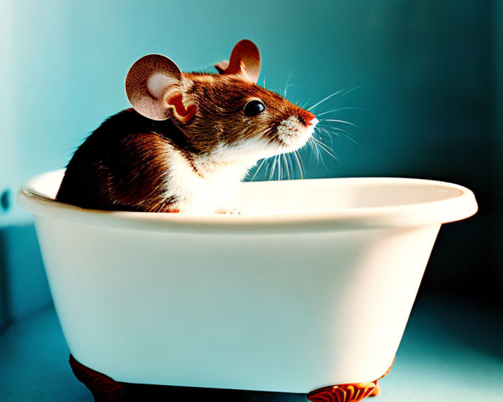 Mouse with Large Ears in Miniature White Bathtub Under Blue Lighting