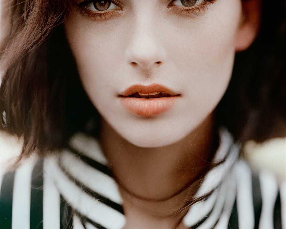 Woman with Striking Eyes and Bold Brows in Striped Shirt