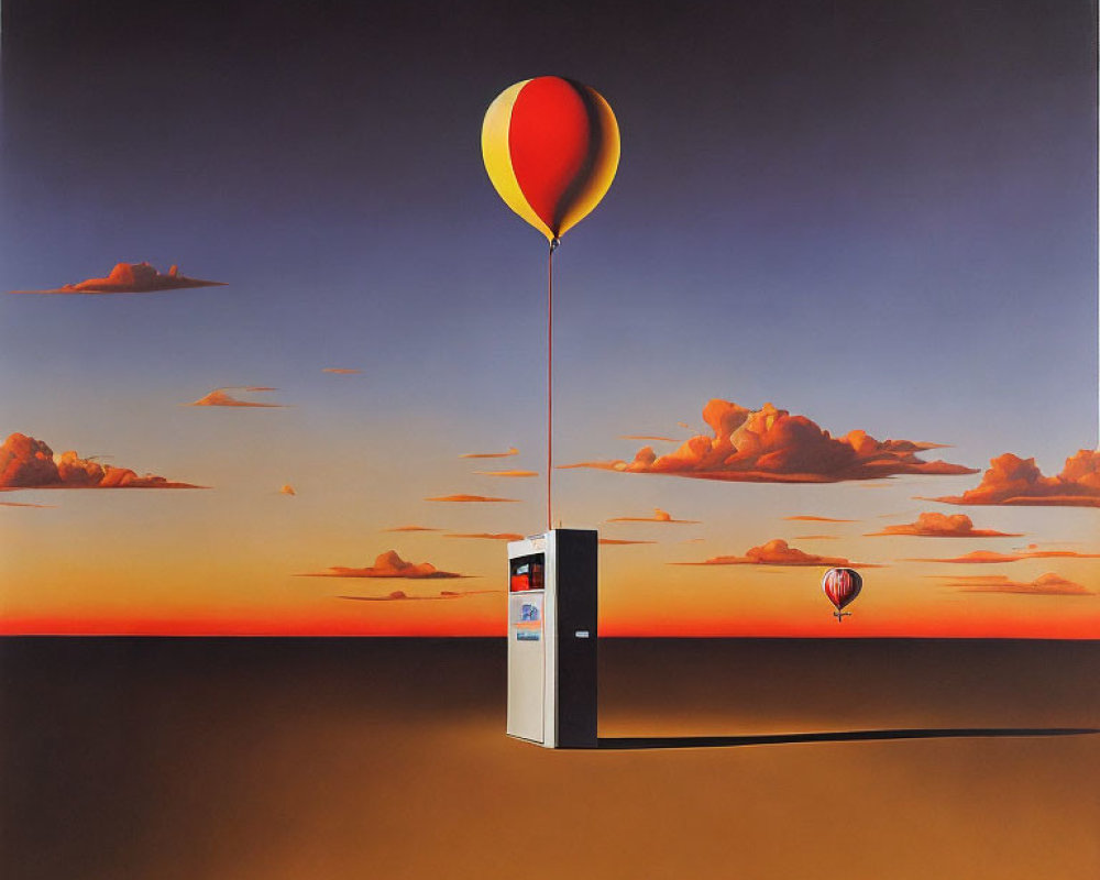 Surreal painting of gas pump and balloons in desert sunset