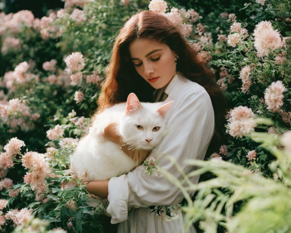 Red-Haired Woman Holding White Cat in Pink Flower Field