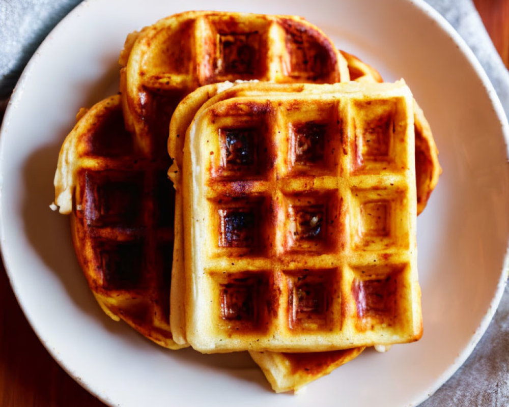 Stack of Golden-Brown Waffles on White Plate