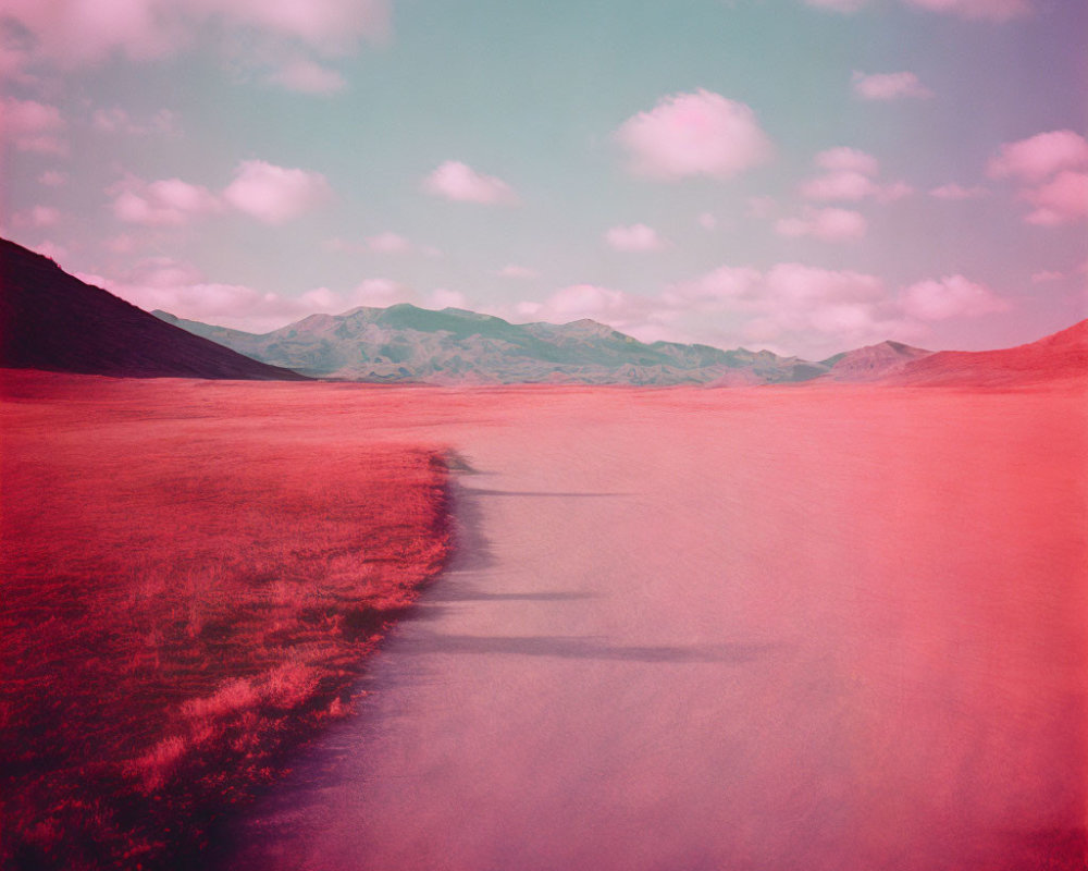 Surreal landscape with crimson grass field, narrow pathway, green mountains, pink sky.