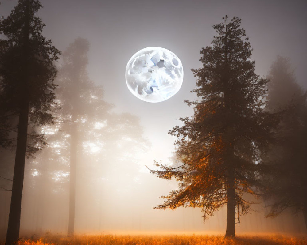 Detailed Moon Illuminates Misty Forest Scene