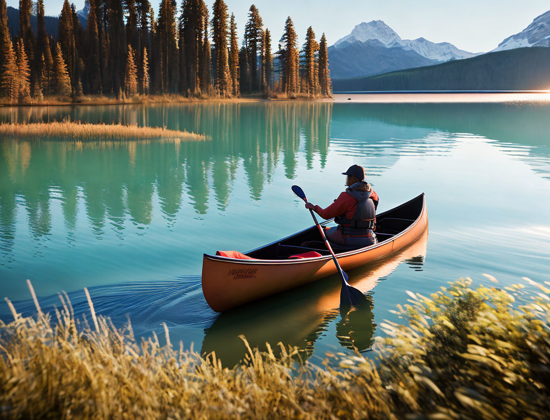 Scenic sunrise/sunset lake canoeing with pine trees and mountains