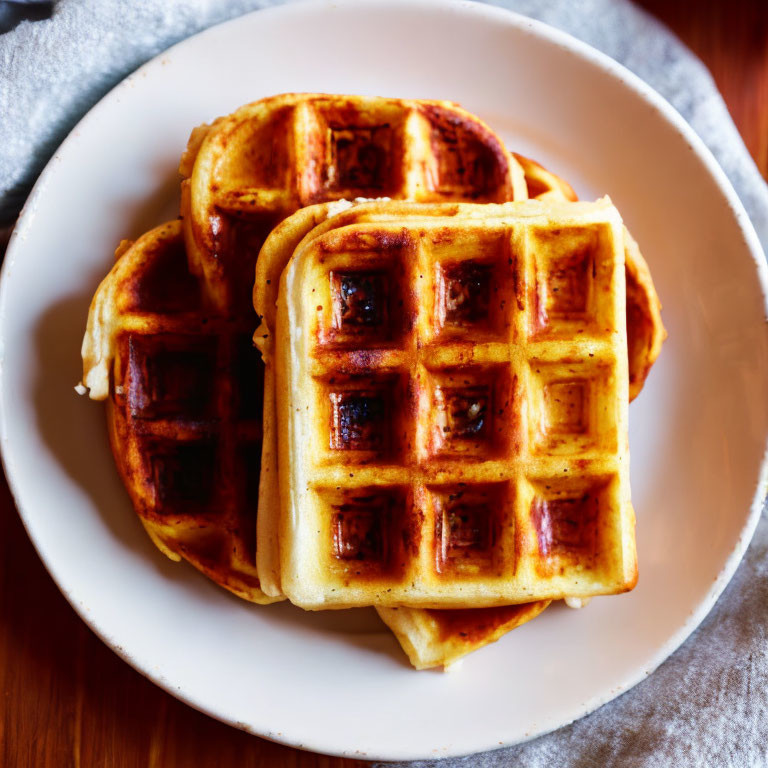 Stack of Golden-Brown Waffles on White Plate