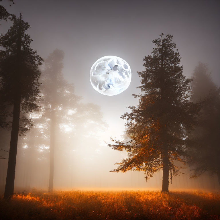 Detailed Moon Illuminates Misty Forest Scene