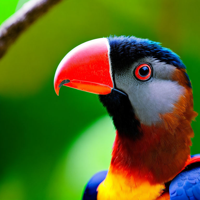 Colorful Parrot with Red Beak and Blue Feathers on Orange Chest