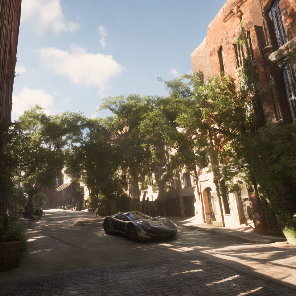 Sunlit cobblestone street with classic buildings, greenery, and futuristic car.