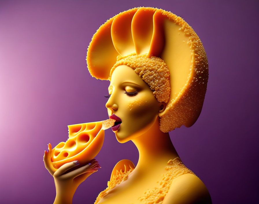 Stylized woman with cheese-themed makeup and headdress tasting cheese on purple background