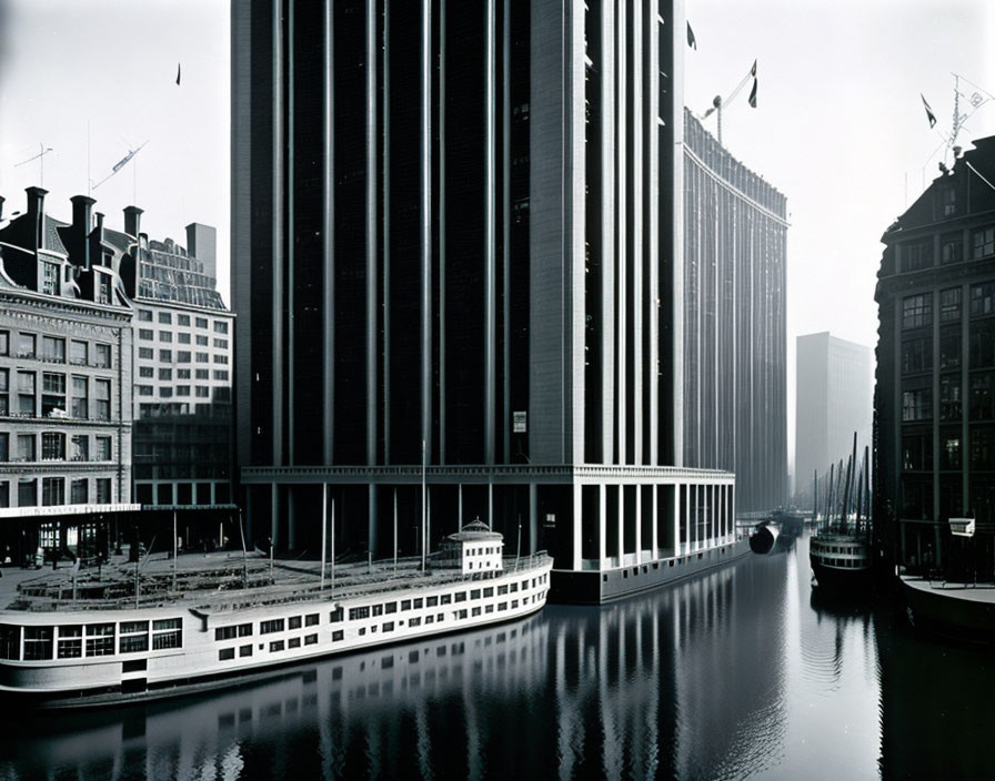 Historic black and white photo: Boats on canal amid urban buildings with flags