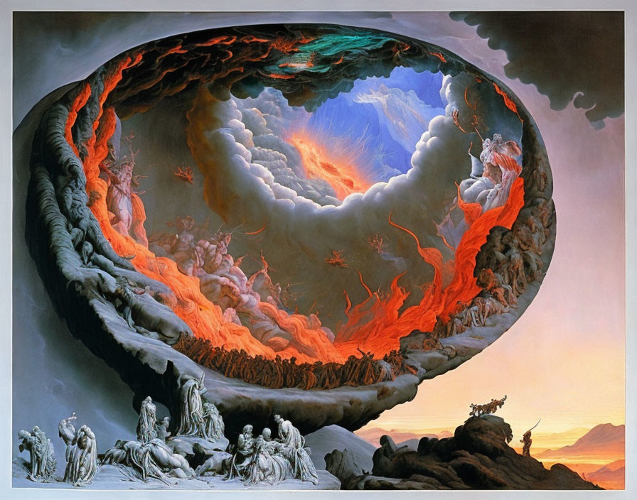 Surreal painting: swirling fiery vortex in shell universe with icy figures & coastal landscape