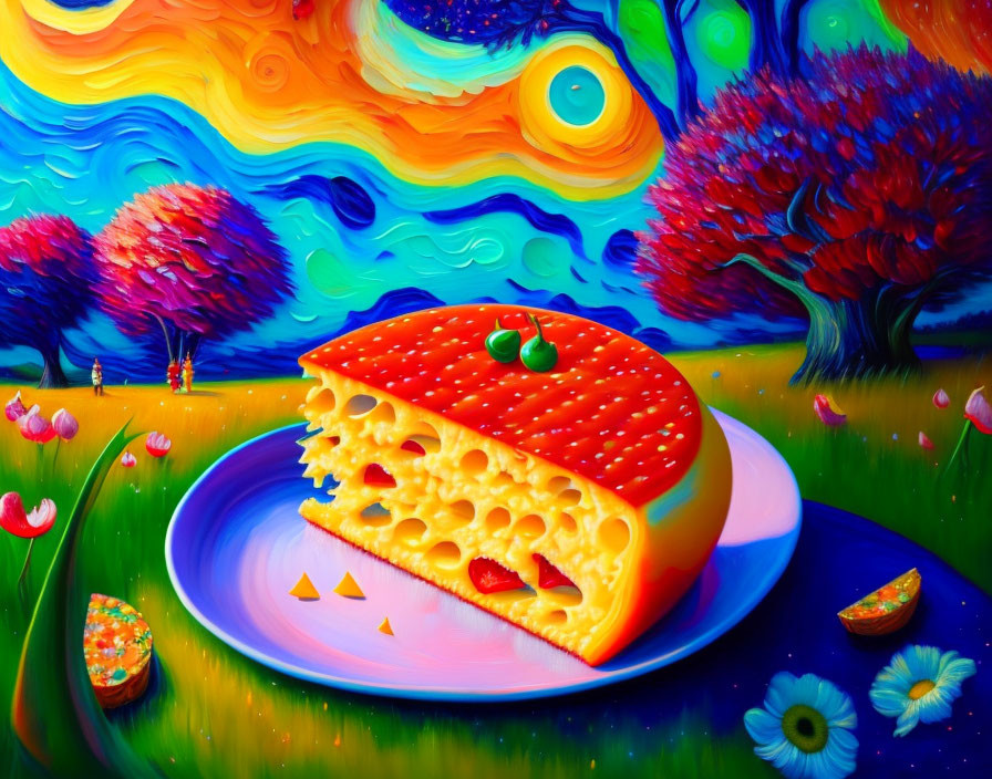 Surreal landscape with Swiss cheese slice, whimsical trees, and colorful flora