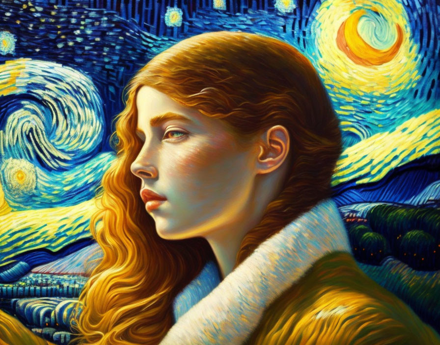 Woman portrait with flowing hair in Starry Night theme: yellow, blue, and green swirls