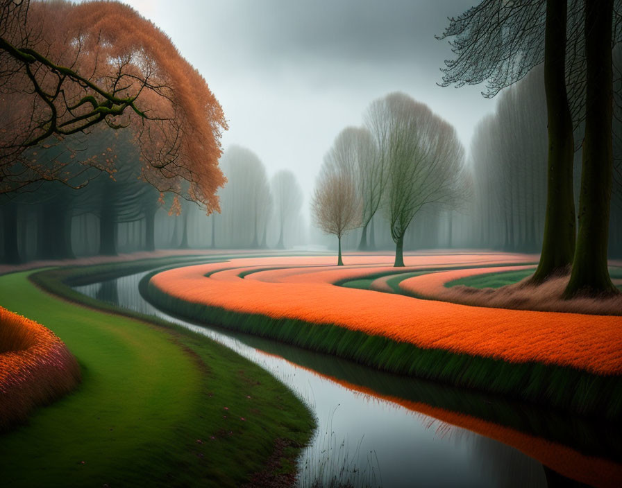 Tranquil orange pathways, green grass, misty trees in foggy forest