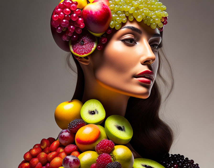 Colorful Fruit Headdress and Outfit on Woman