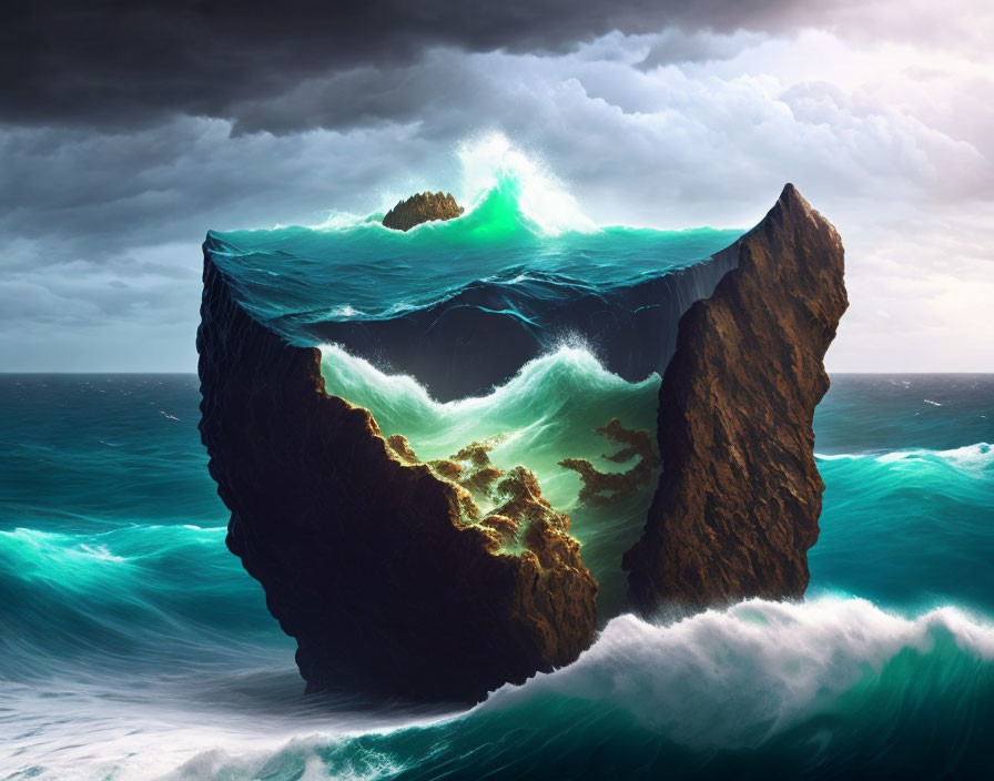 Surreal rock structure resembling breaking wave in stormy sea.