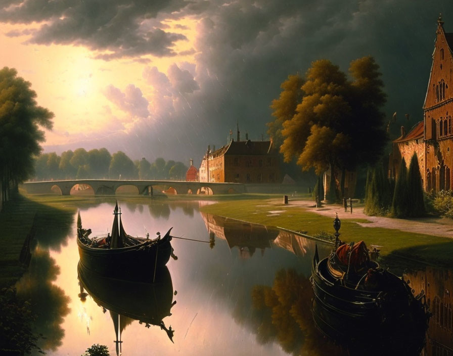 Tranquil river scene at dusk with moored boats, arched bridge, historic buildings, and