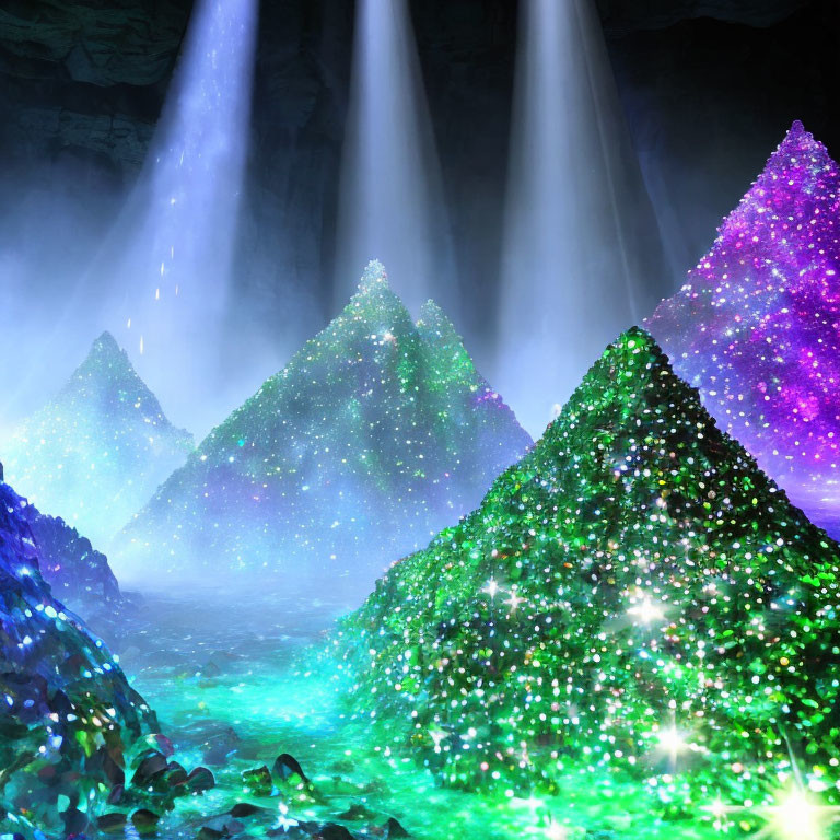 Colorful Crystal Pyramids Illuminated in Mystical Cave