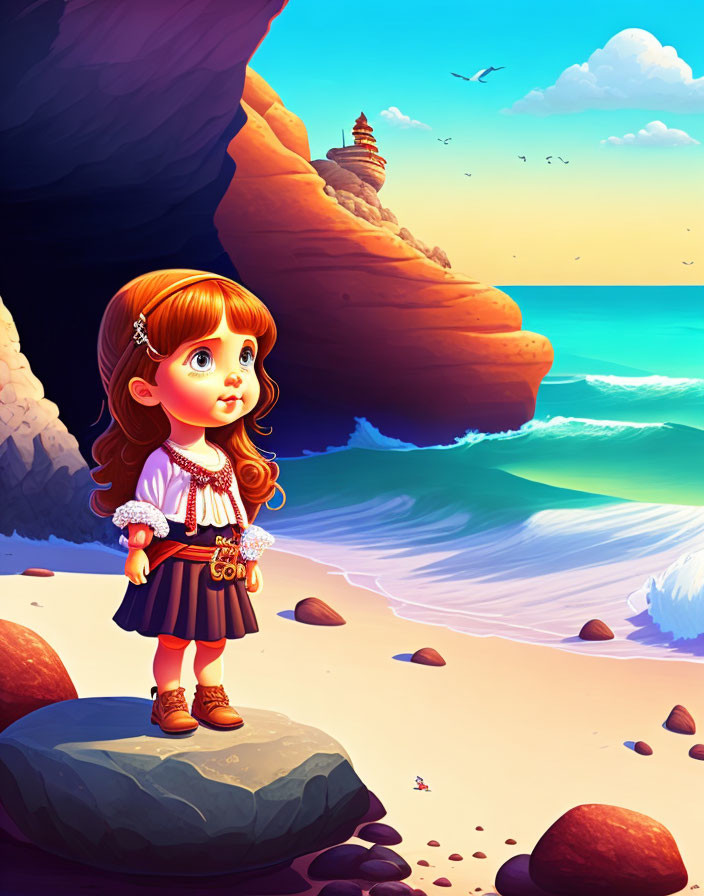 Red-haired animated girl on beach with lighthouse at sunset