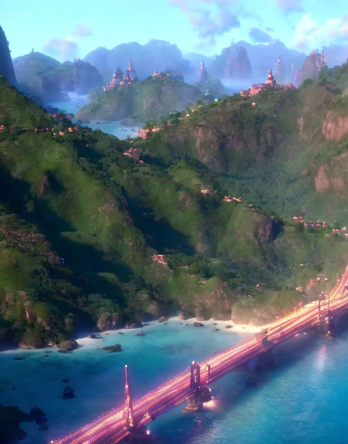 Magical landscape with illuminated bridge and fantastical city amid green hills