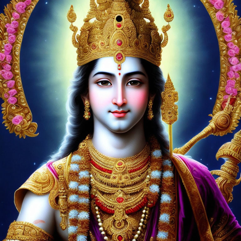 Illustration of serene deity with golden crown and weapon in celestial setting