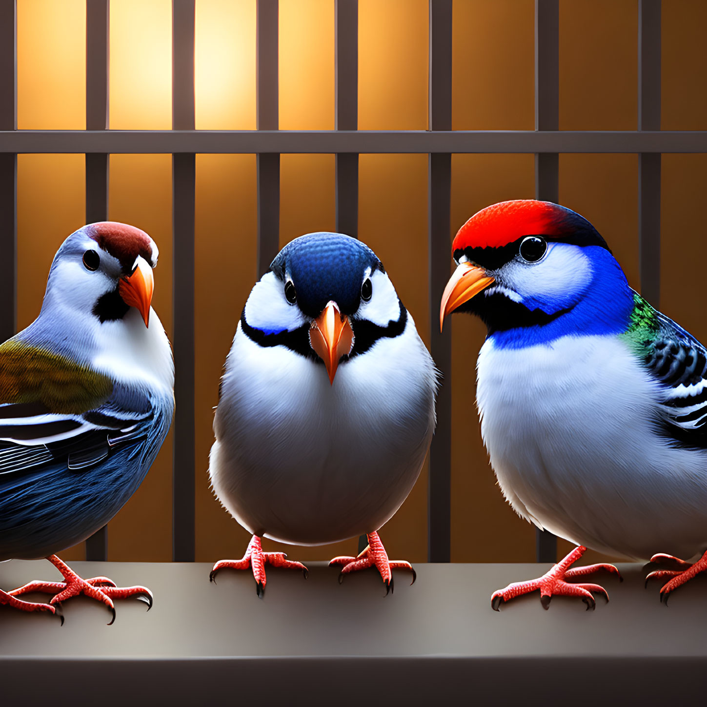 Colorful Cartoon Birds Perched on Branch with Striped Orange Background