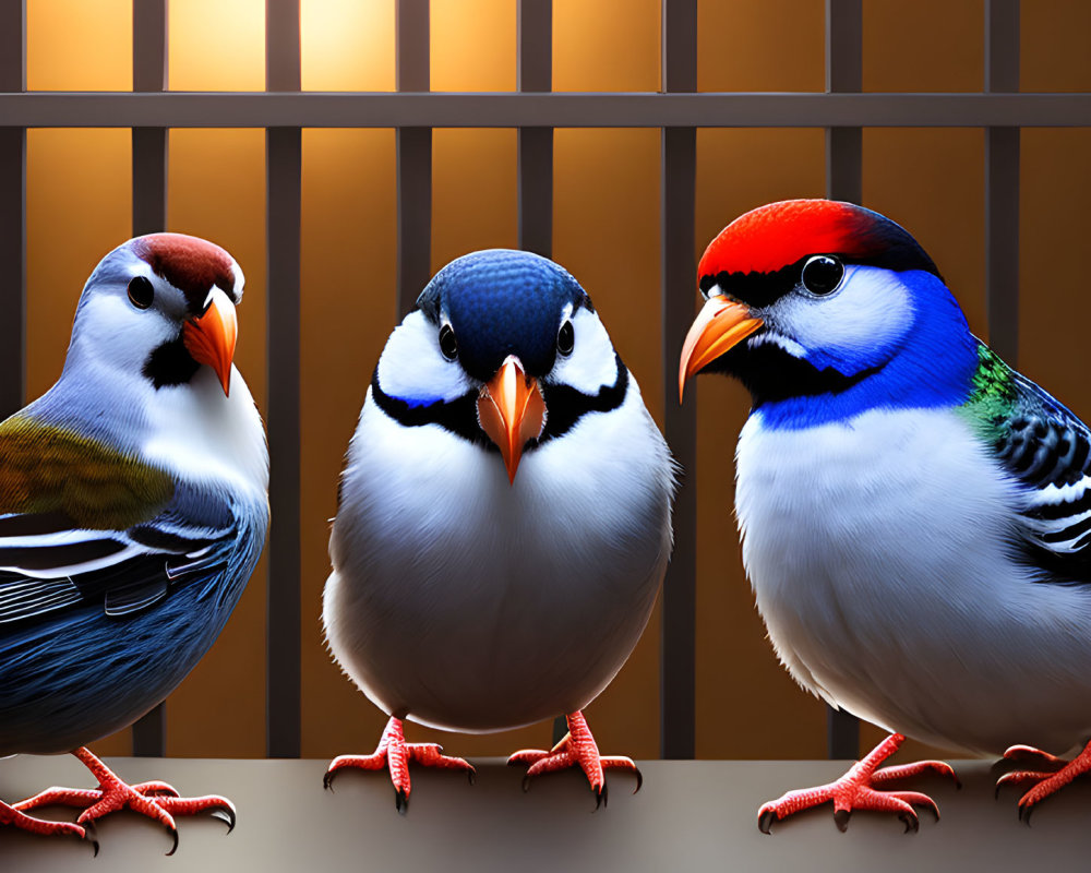 Colorful Cartoon Birds Perched on Branch with Striped Orange Background