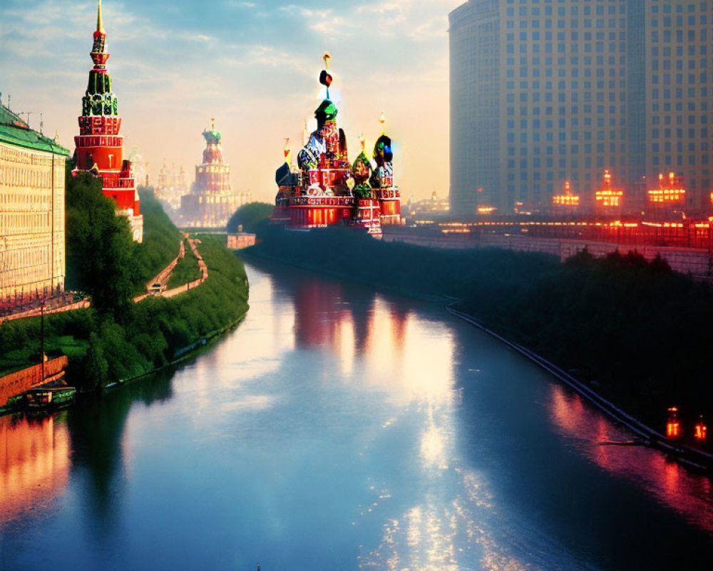 Iconic Moscow skyline with Kremlin, Saint Basil's Cathedral, and Moskva River reflections at dusk