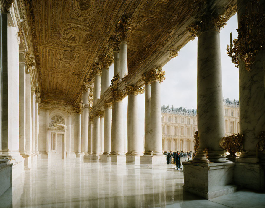 Opulent hall with towering columns and intricate ceiling designs