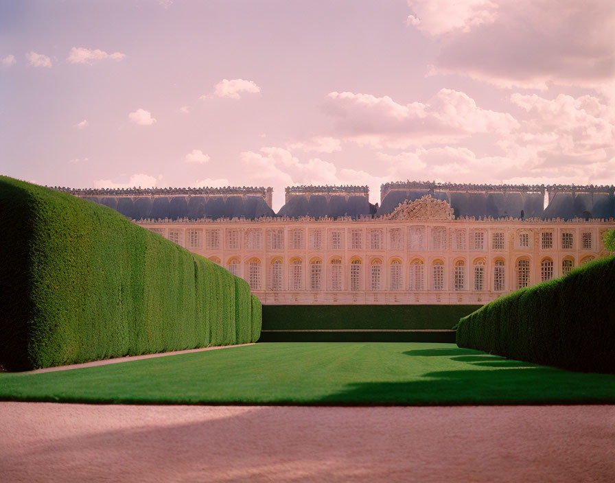 Manicured garden with tall hedges and classical building under cloudy sky