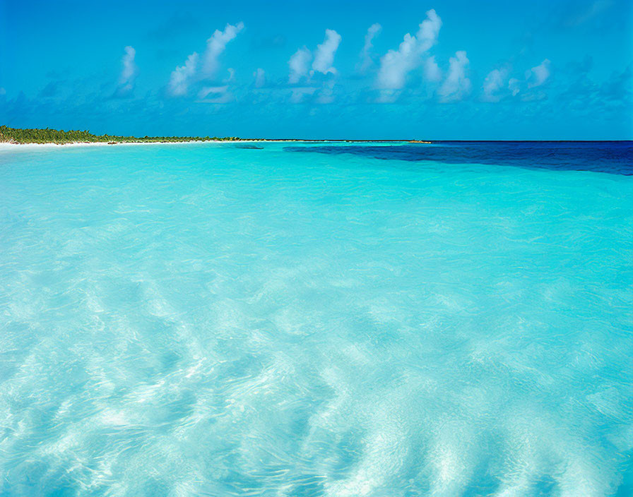 Tranquil tropical beach scene with turquoise waters and blue sky