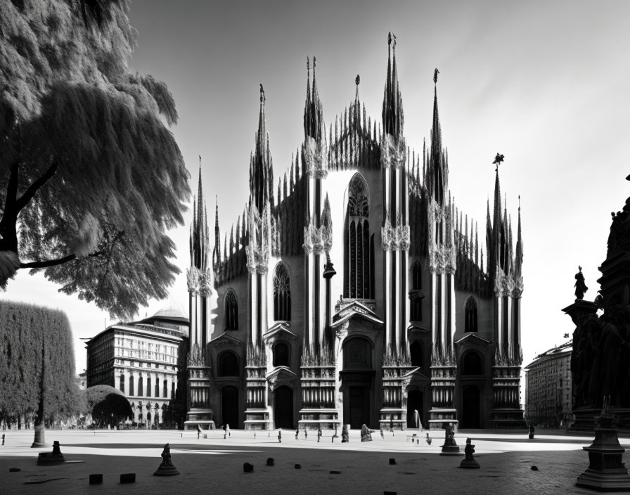 Gothic Milan Cathedral with spires, trees, statue, and people in square