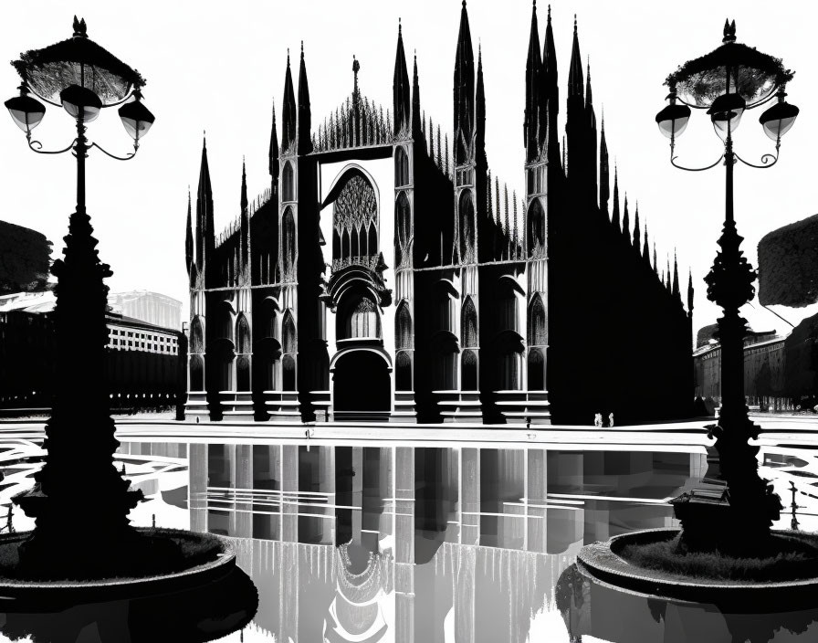 Monochrome Gothic cathedral reflection in pond with formal gardens