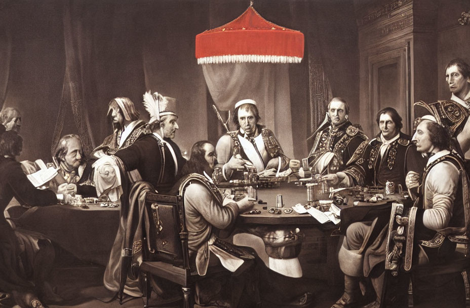 Men in historical military attire discussing at a table