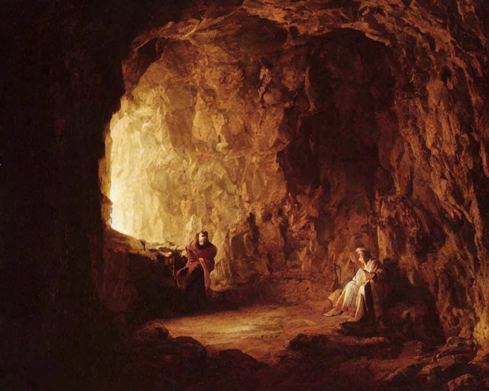 Dimly Lit Cave Painting with Two Seated Figures