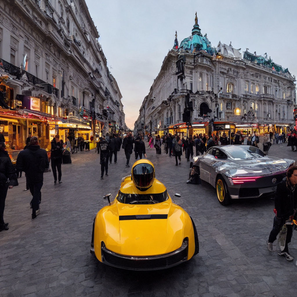 Urban Twilight Scene: Pedestrians, Yellow Car, Illuminated Buildings