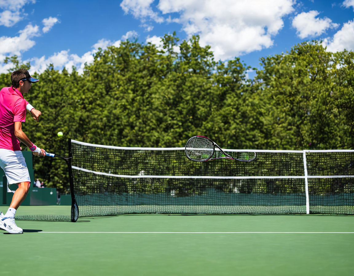 Male tennis player in pink shirt ready to hit forehand shot on sunny outdoor court