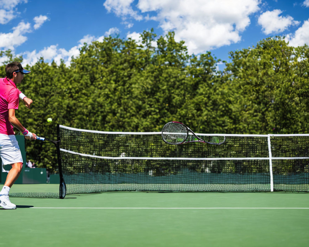 Male tennis player in pink shirt ready to hit forehand shot on sunny outdoor court