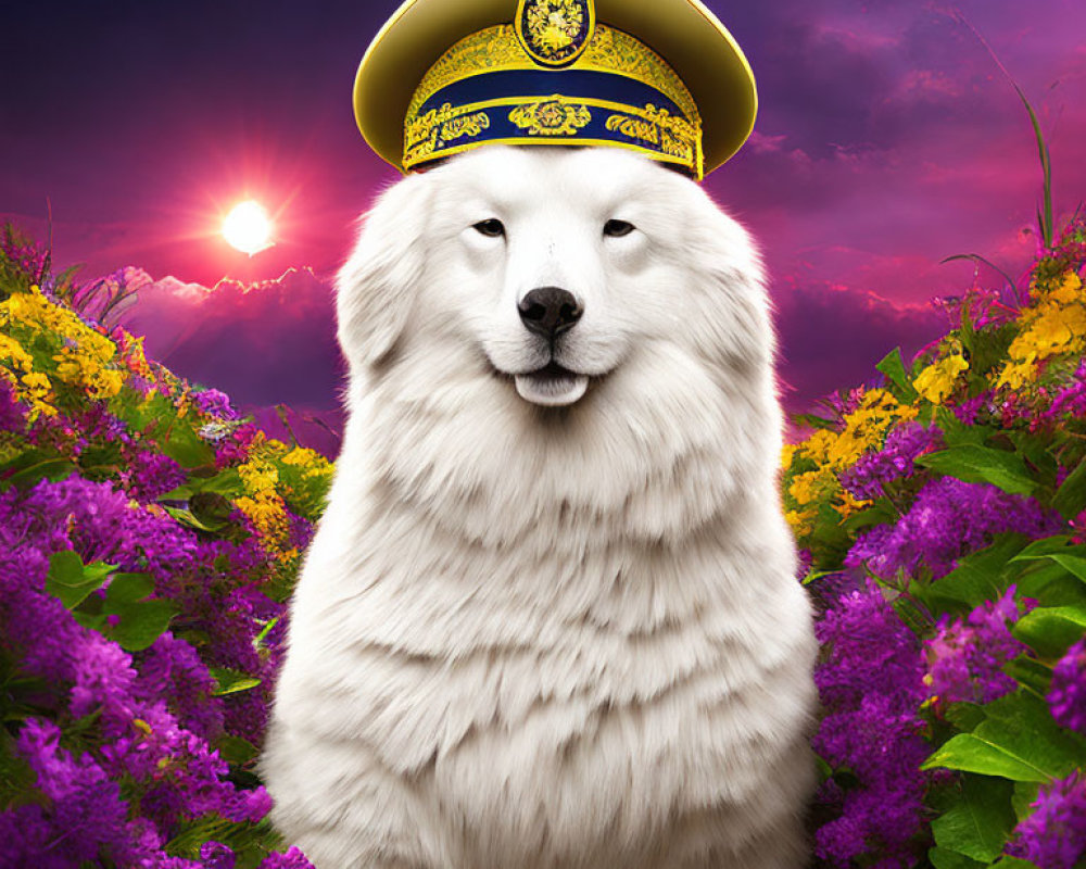 Fluffy White Dog in Golden Hat Surrounded by Purple Flowers and Sunset Sky