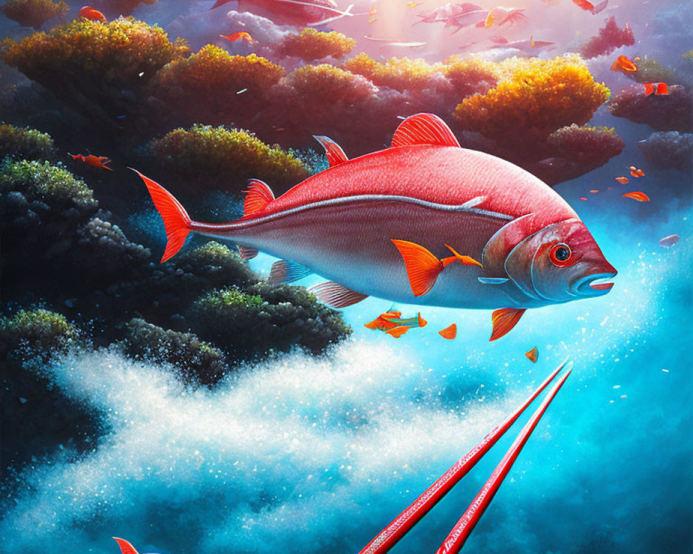 Colorful underwater scene with large red fish and sun rays.