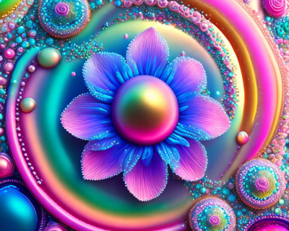 Colorful Digital Artwork with Iridescent Flower and Swirling Patterns