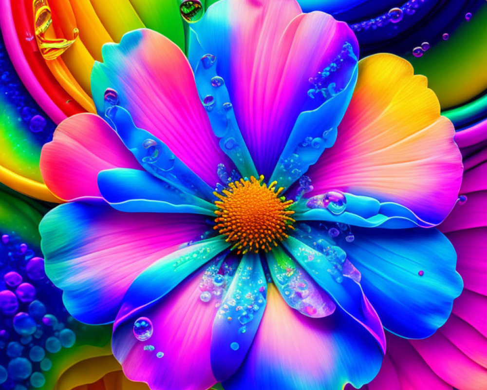 Colorful Rainbow Flower with Water Droplets