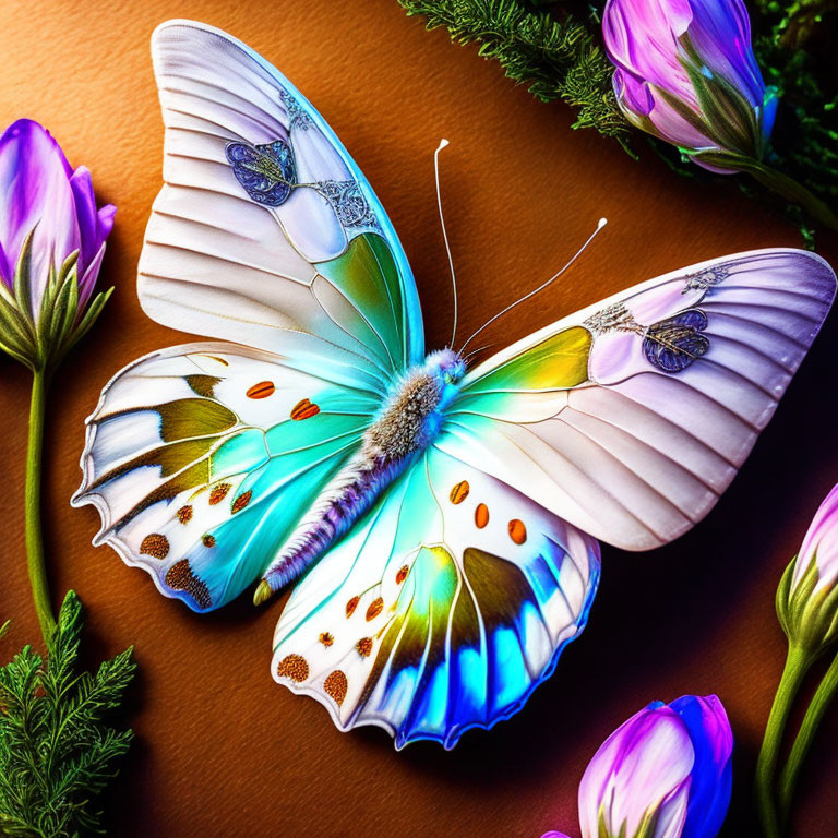 Colorful Butterfly Illustration Among Vibrant Flowers