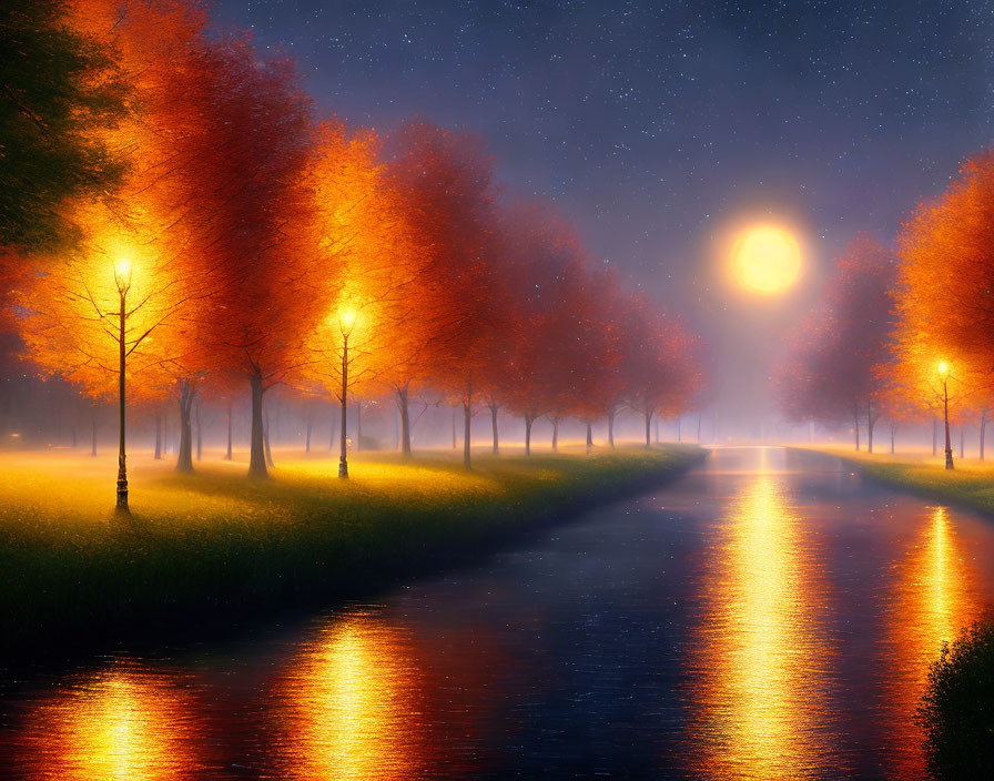 Nighttime Avenue with Glowing Orange Trees and Full Moon