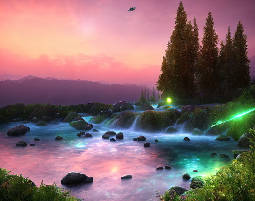 Tranquil Dusk Landscape with Stream and Flying Creature